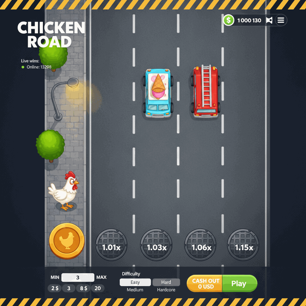 Chicken Road gioco crash istantaneo: un pollo cartoon attraversa una strada a più corsie con automobili, ogni corsia superata aumenta il moltiplicatore della puntata, incassa in qualsiasi momento prima di essere colpito da un'auto